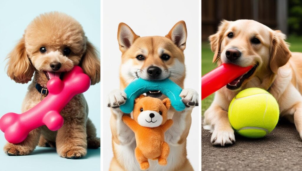 小型犬・中型犬・大型犬が噛むおもちゃを使う様子を比較した写真