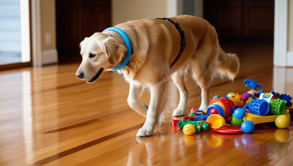 ぶつかり防止リングをつけた犬