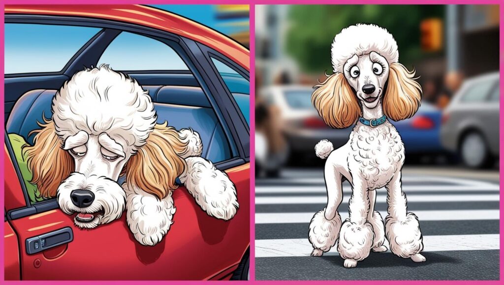 車酔い、迷子、マナー違反などのトラブル事例イラスト(犬と旅行トラブル対策)