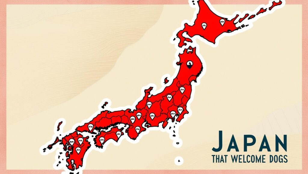 犬と泊まれる全国のホテルを示した地図イラスト