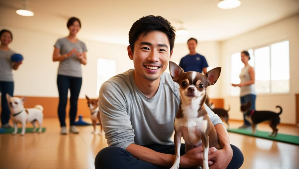 犬のしつけ教室でトレーナーが飼い主と愛犬を指導している様子