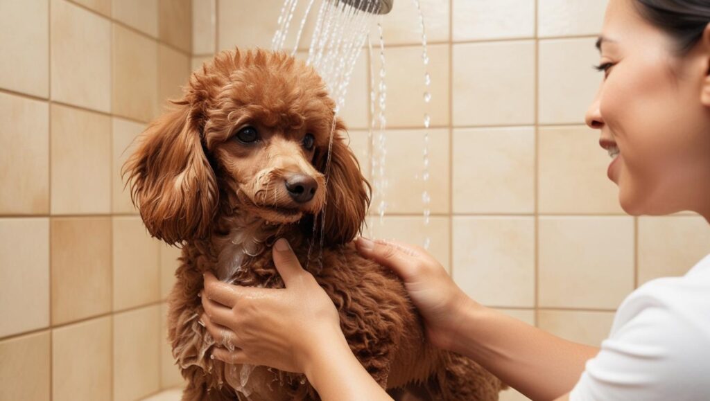 シャンプー中の犬と飼い主、乾かし作業でブラシを使うプロ並み手順