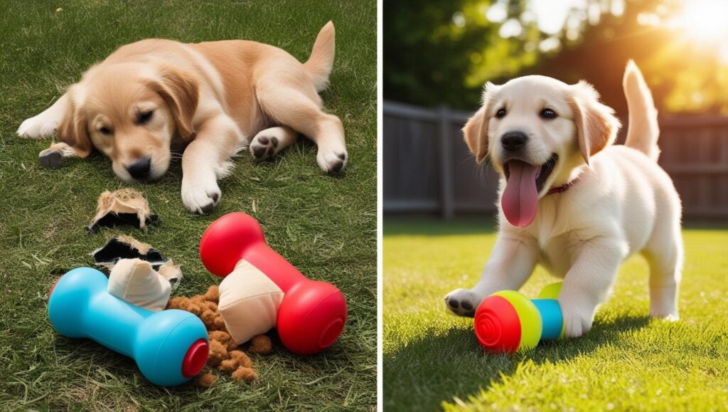 破損した噛むおもちゃと、成功例で楽しそうに遊ぶ犬の写真