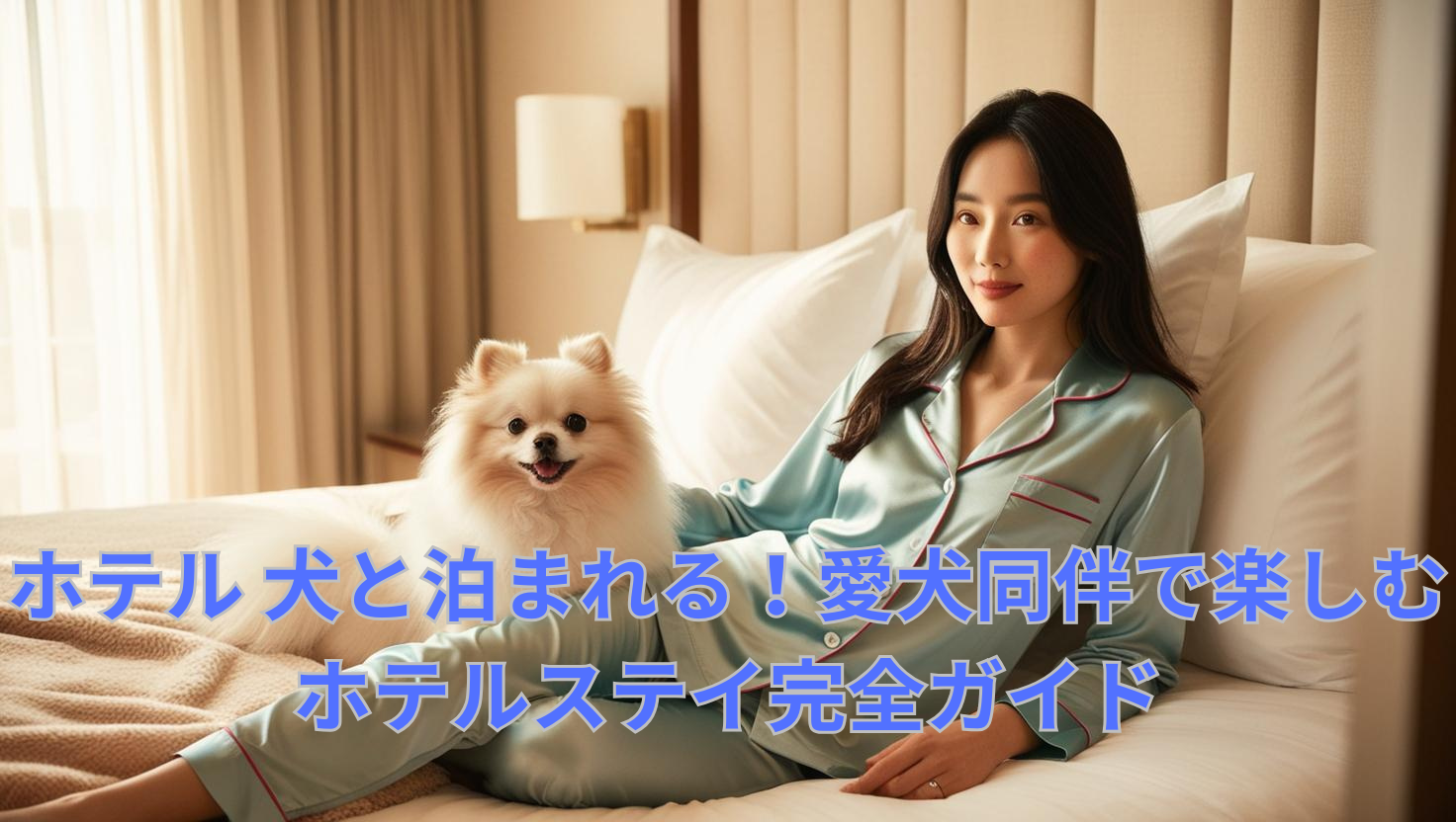 犬と飼い主がペット同伴のホテルのベッドでリラックスしている写真（ホテル 犬と泊まれる）