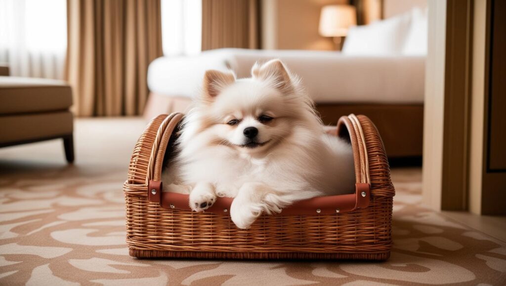 ホテルの客室内でケージに入ってリラックスする犬