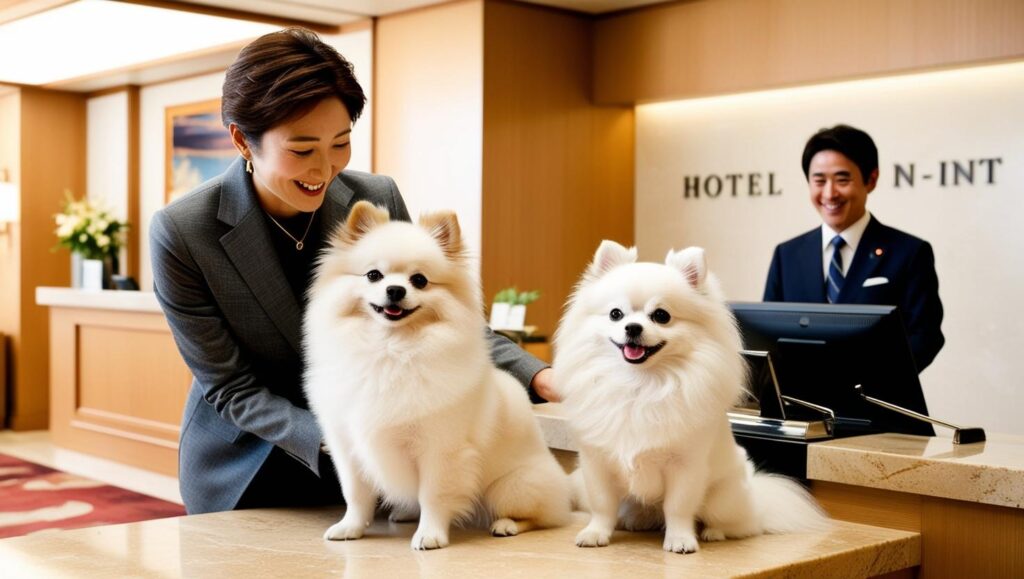 犬と飼い主がペットフレンドリーなホテルのロビーでチェックインしている様子