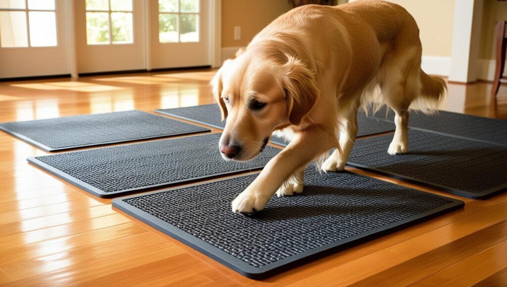 滑り止めマットを歩く老犬