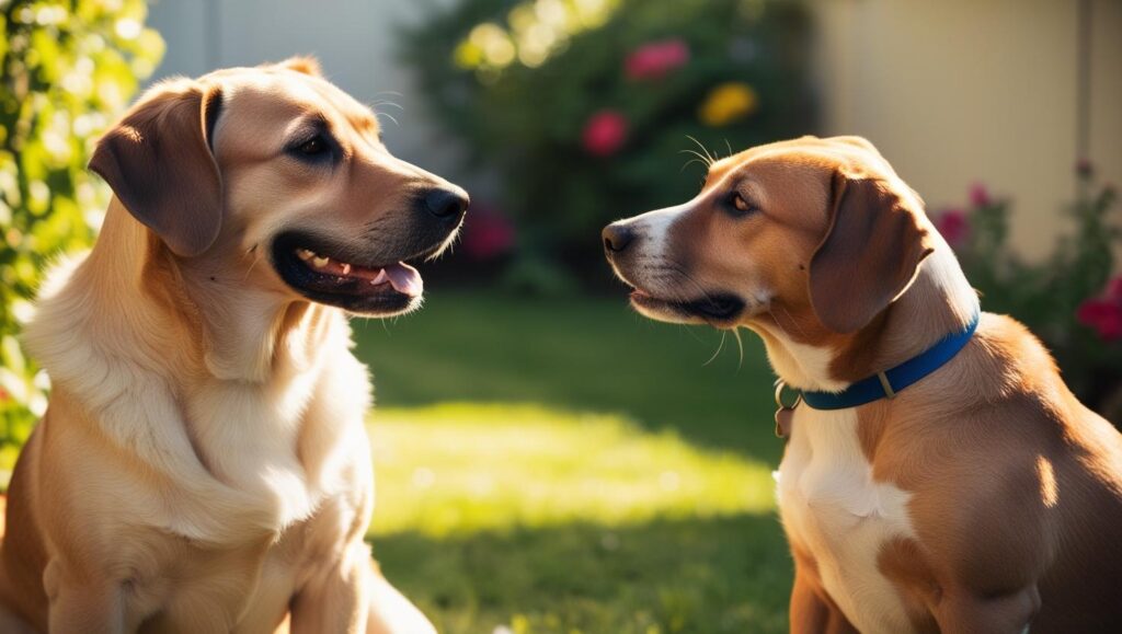犬同士がすこし警戒している