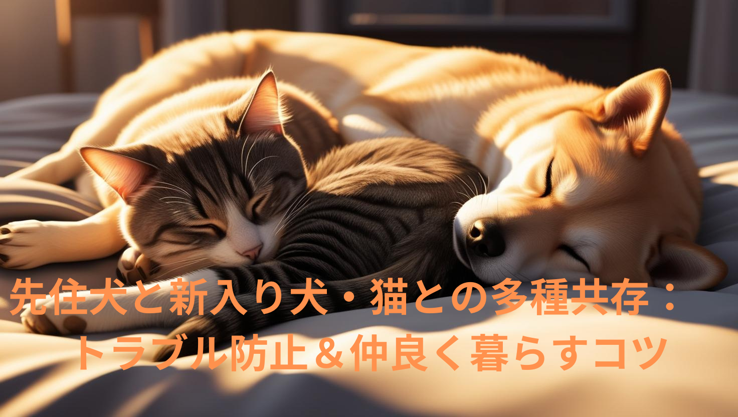 先住犬と新入り猫が隣同士で寝ている写真（犬 猫 共存 多頭飼い トラブル防止）