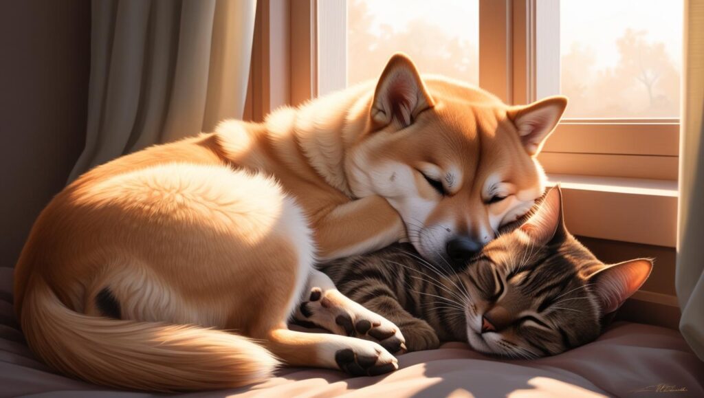 先住犬と新入り猫が一緒に寝て仲良く暮らすイメージ写真（多頭飼い成功例）