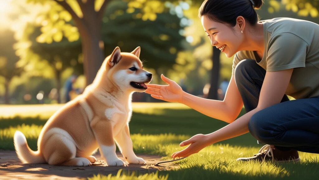 子犬が散歩中の公園で排泄し、飼い主が褒めている写真