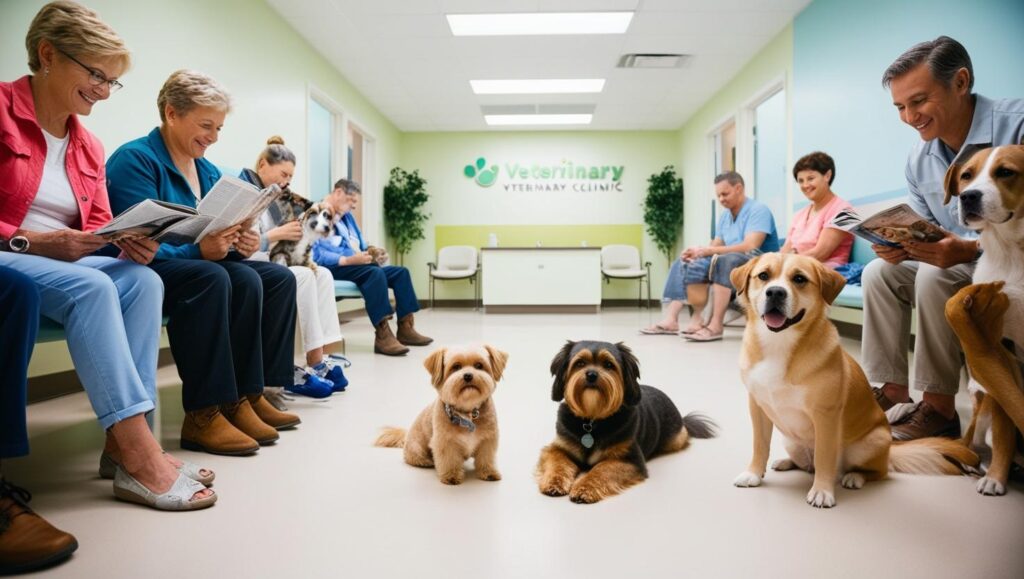 動物病院の待合室で少数の犬と飼い主が待っている様子