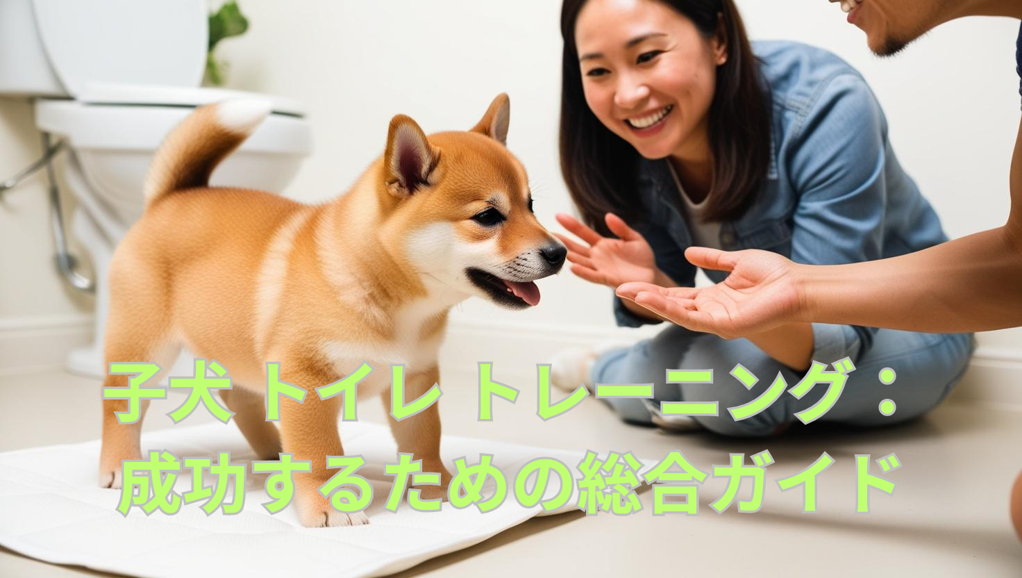 子犬がトイレシートで排泄に成功し、飼い主が笑顔で褒めている写真