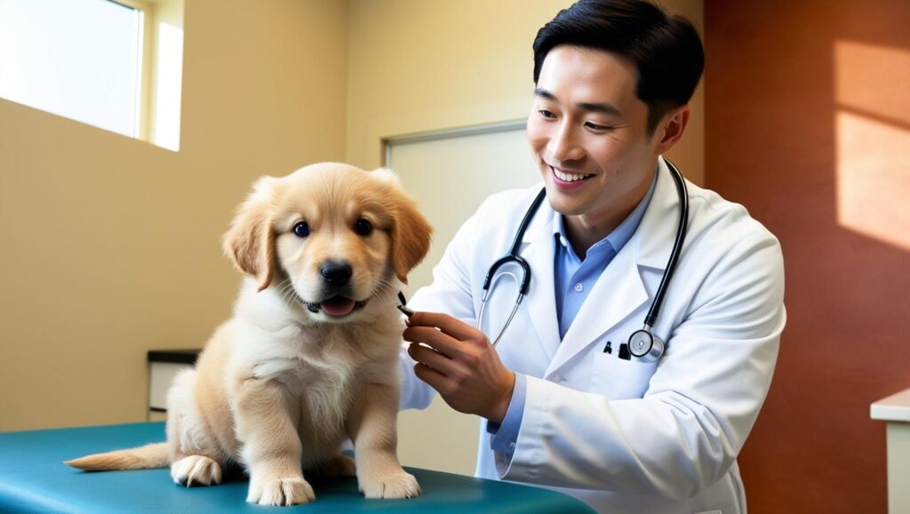 子犬が病院で獣医さんに診察を受けている