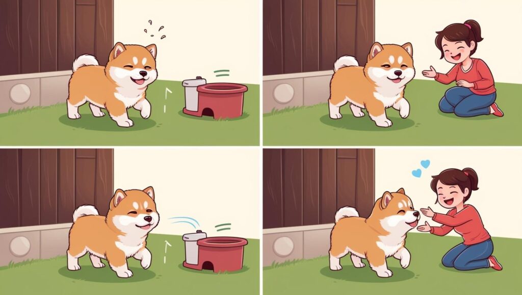 子犬の排泄サインとタイミングを示したフローチャートイラスト