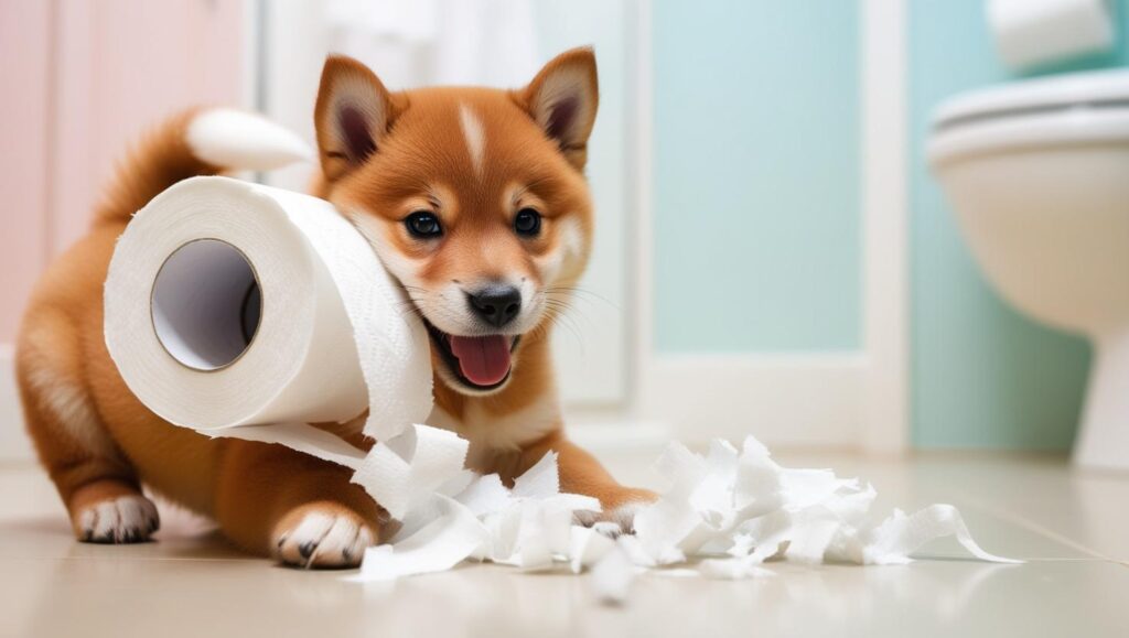 子犬がトイレットペーパーを破いて遊んでいる様子