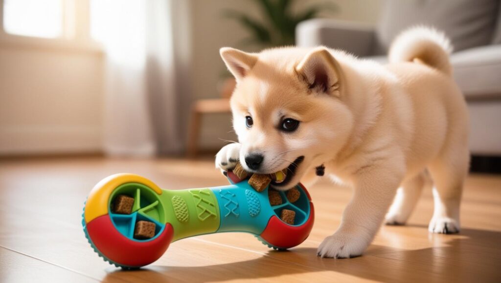 おやつ入り知育トイを噛む犬(しつけ・学習効果)