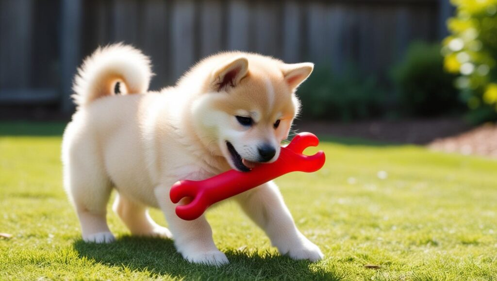 犬が硬い噛むおもちゃを噛んで遊ぶ様子(歯垢除去、ストレス解消)