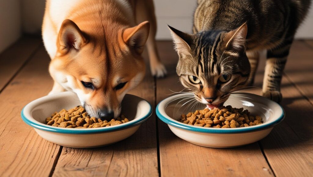 犬と猫が別々の場所で食事しているイメージ(多頭飼い 食器)