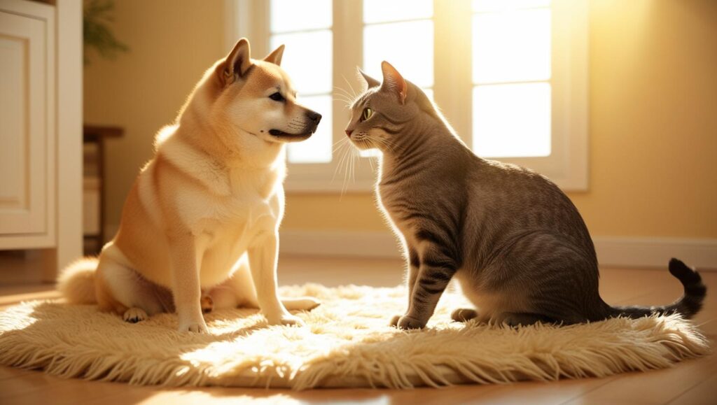 先住犬と猫が向かい合うイメージ(犬 猫 多種共存 トラブル防止)