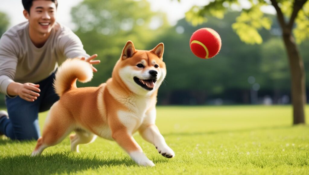 犬と飼い主が遊ぶ元気なシーン（犬との豊かな生活）
