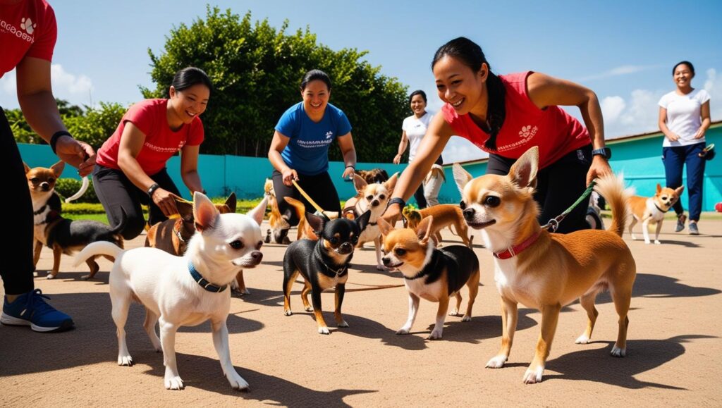 海外のドッグトレーニングスクールで飼い主と犬がトレーニングする様子