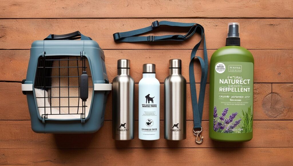 犬との旅行に必要な持ち物(折りたたみ式ケージ、ポータブル水飲み、虫除けスプレーなど)が並んだ写真
