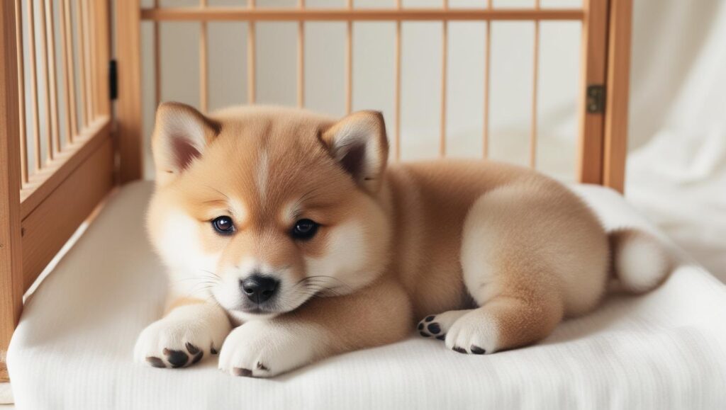 サークルの中で子犬がトイレシーツに座っている写真（失敗を減らす環境づくり）