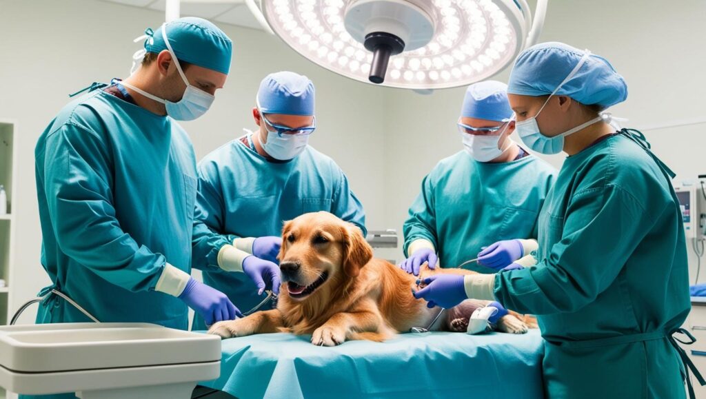 獣医師に手術室で手術をうけている犬