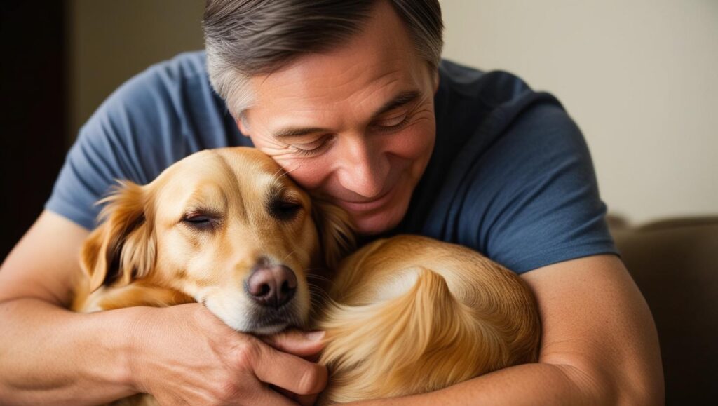 視覚障害を持った犬を飼い主が優しく抱きしめる