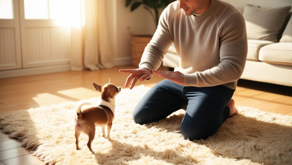 自宅で犬のトレーニングをする飼い主