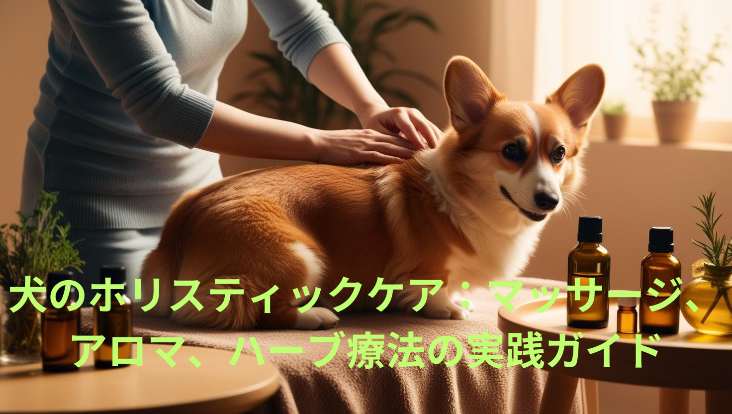 犬のホリスティックケアを実践する様子（マッサージ、アロマ、ハーブ）（犬 ホリスティックケア アロマ ハーブ）