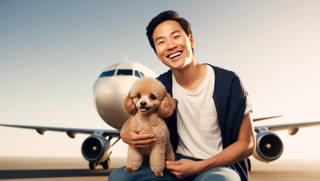 犬と飼い主が海外旅行に出発するイメージ、パスポートやスーツケースも写っている