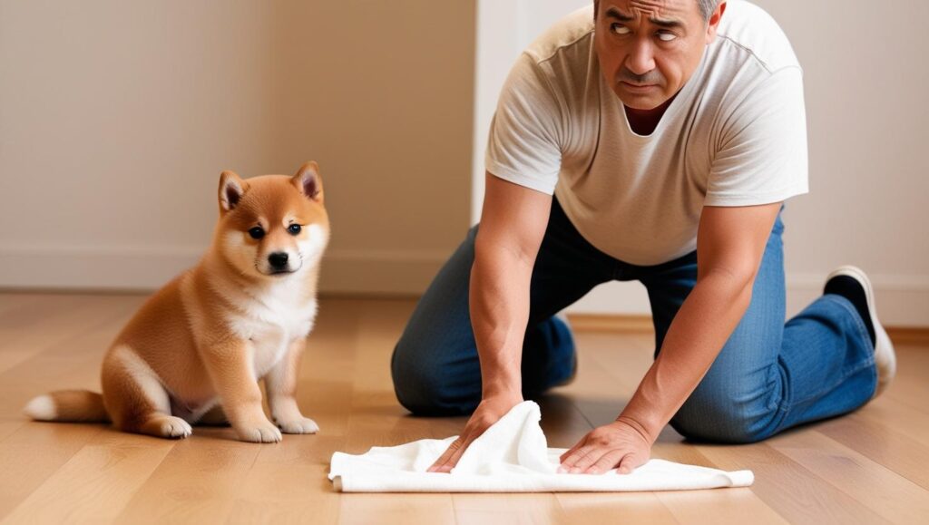 子犬の粗相を前に困った様子の飼い主（トイレトレーニングの重要性を示す）