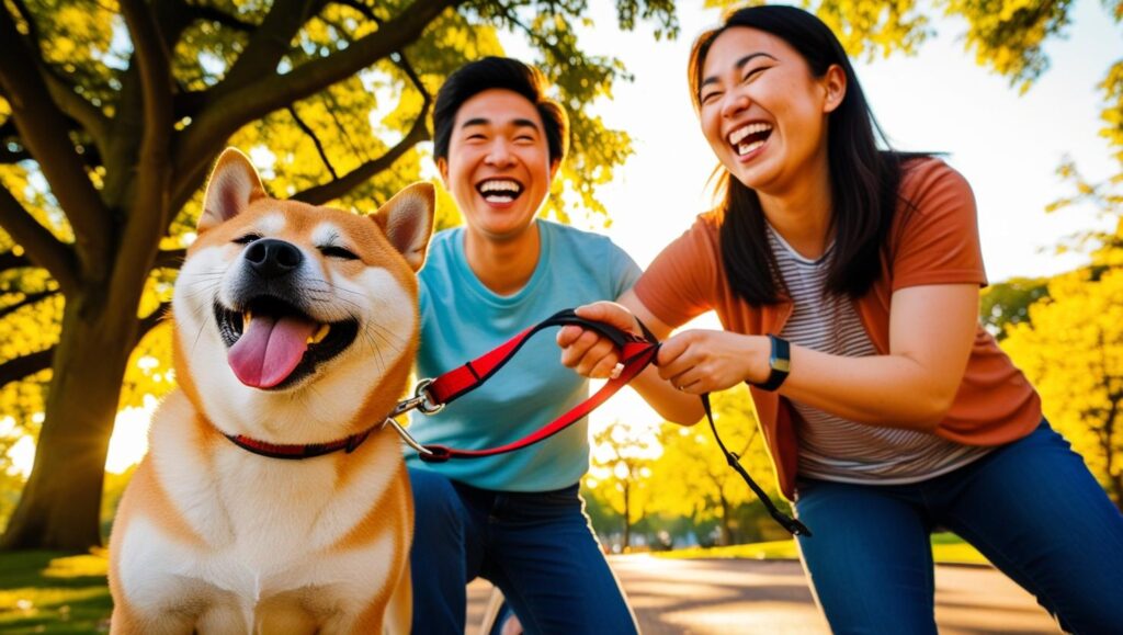 飼い主と犬が散歩で笑顔の写真(犬との暮らしを楽しむ)