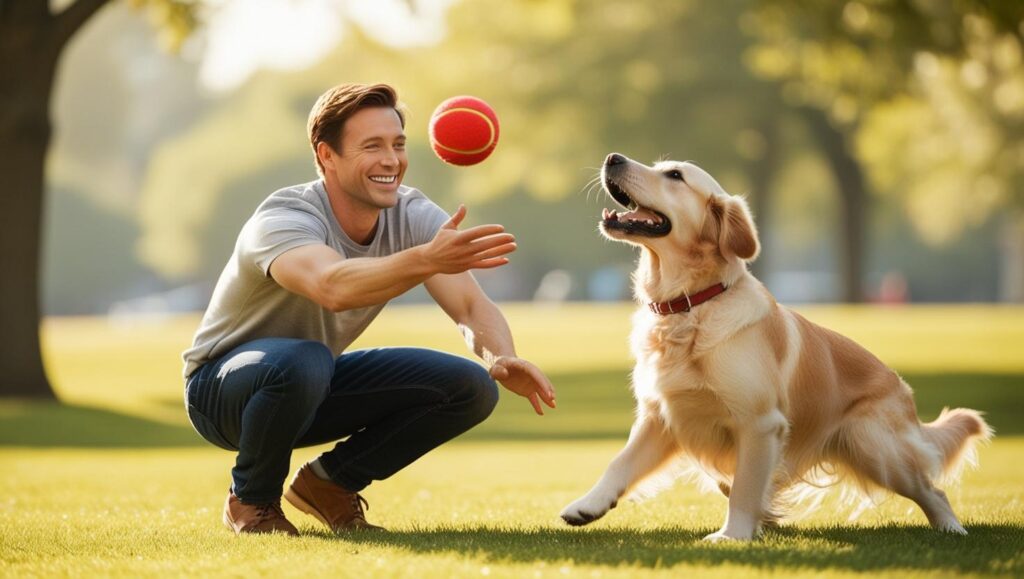 飼い主と犬が噛むおもちゃで遊びながら笑顔の写真（記事締めイメージ）