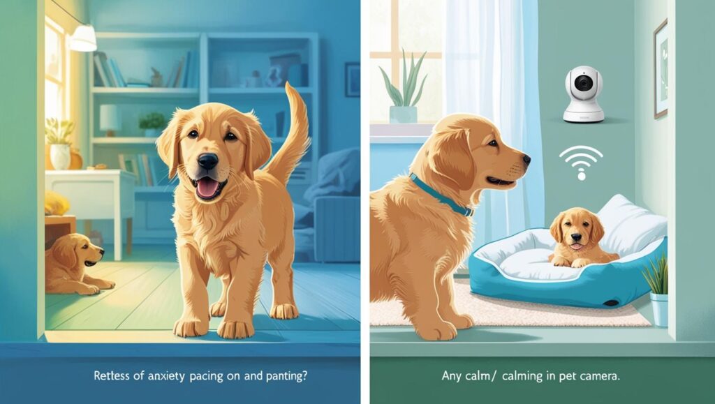 子犬の留守番中の不安症状と、安心対策を示すイラスト