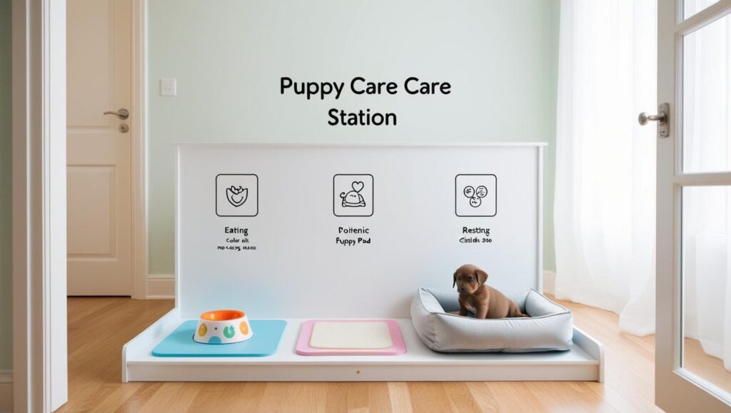 留守番中の子犬の健康と安全を守るための家庭内ペットケアステーションの画像