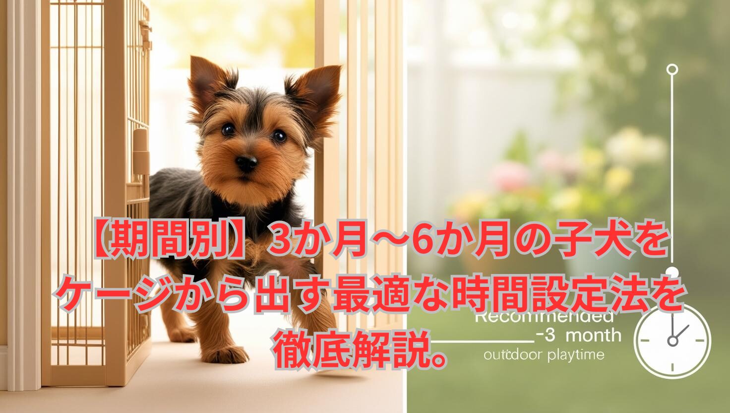 明るい環境で子犬がケージから外をのぞき、成長と自由時間の期待を感じさせるアイキャッチ画像
