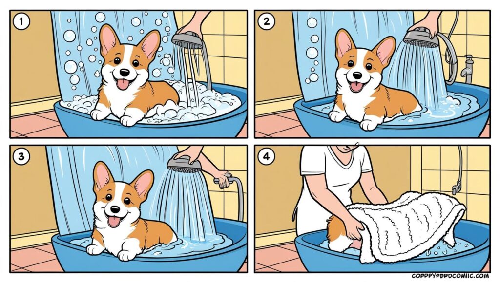 子犬をお風呂に入れる具体的なステップとコツを4コマ風に示したイラスト。準備からシャンプー、すすぎ、乾かしまでの流れ