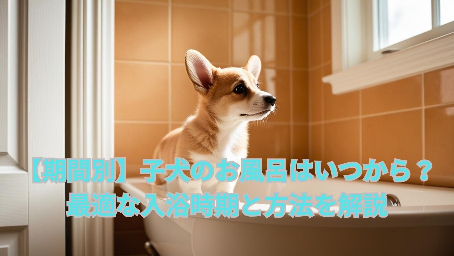 子犬 お風呂 いつから 入浴時期と方法を初心者向けに解説するためのアイキャッチ画像。3か月の子犬がシャワーを好奇心いっぱいに見上げているシーン