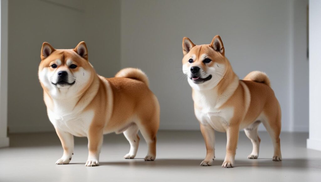 太り気味の柴犬と痩せ気味の柴犬が並んで座る写真。体型の違いがはっきりしており、体重管理の重要性を示している