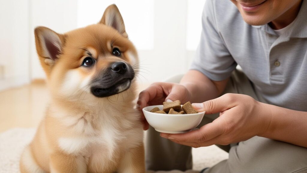 おやつを欲しがる子犬と、食べすぎを防ぐため制限する飼い主