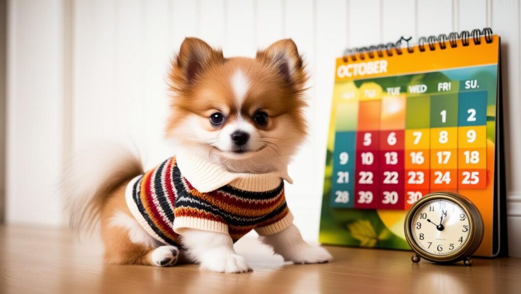 子犬に服を着せるタイミングを示すイメージ