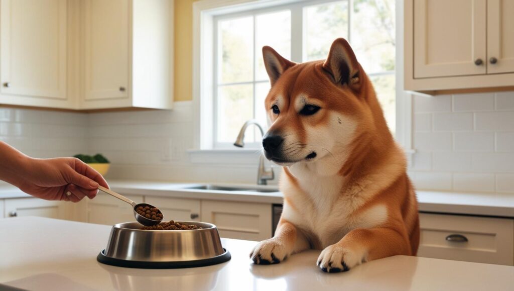 ドッグフードを計る飼い主のそばで待つ柴犬の写真。適正体重を維持するための食事管理のイメージ
