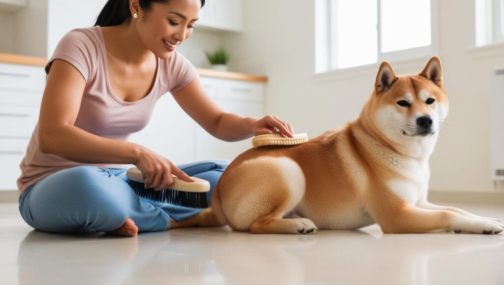 室内で飼い主が柴犬のしっぽ周りをブラッシングしている写真。日常ケアの様子がわかりやすい