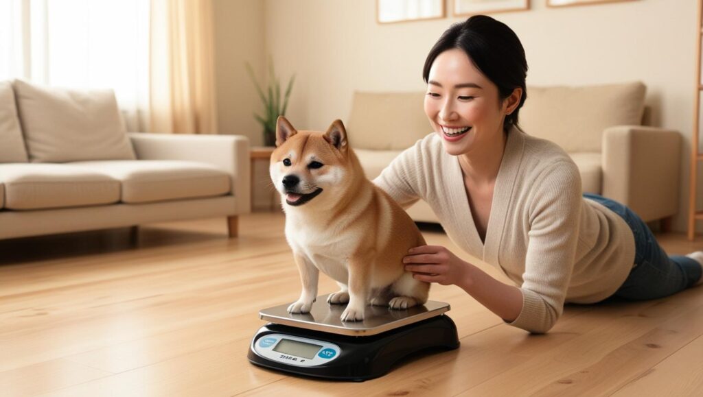 リビングで飼い主が柴犬の体重を測っている写真。落ち着いて協力する柴犬の様子が、体重管理の大切さを表している