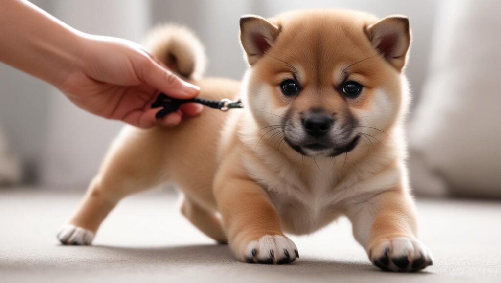 リードを引っ張られて嫌がり散歩で動かない子犬