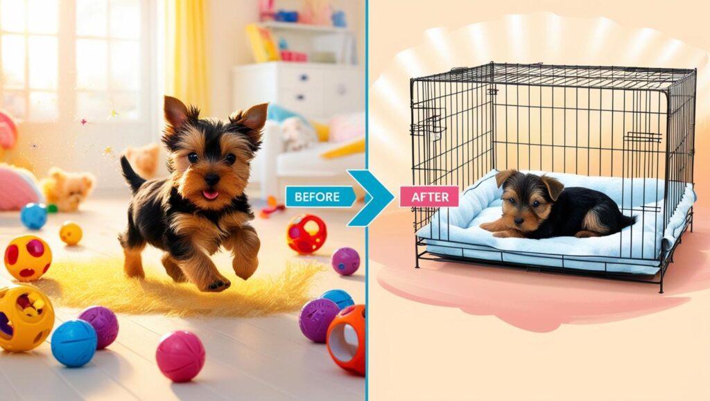 活発に遊ぶ子犬と、ケージ内で静かに過ごす子犬の対比を示す画像