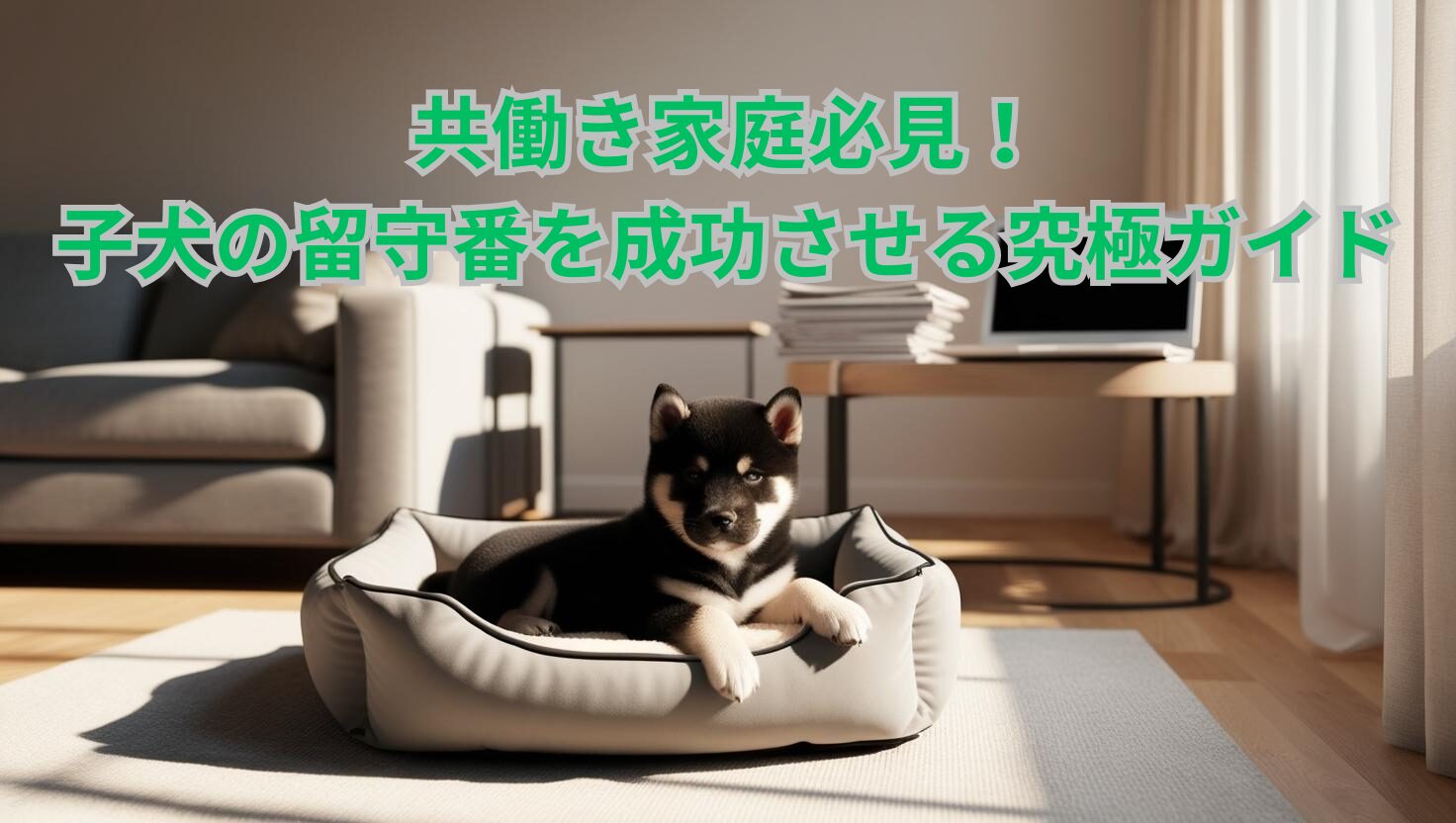 共働き家庭で子犬が安心して留守番している様子